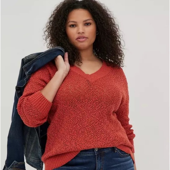 Torrid Women's Open Stitch Pullover V-neck Sweater - Picture 7 of 9